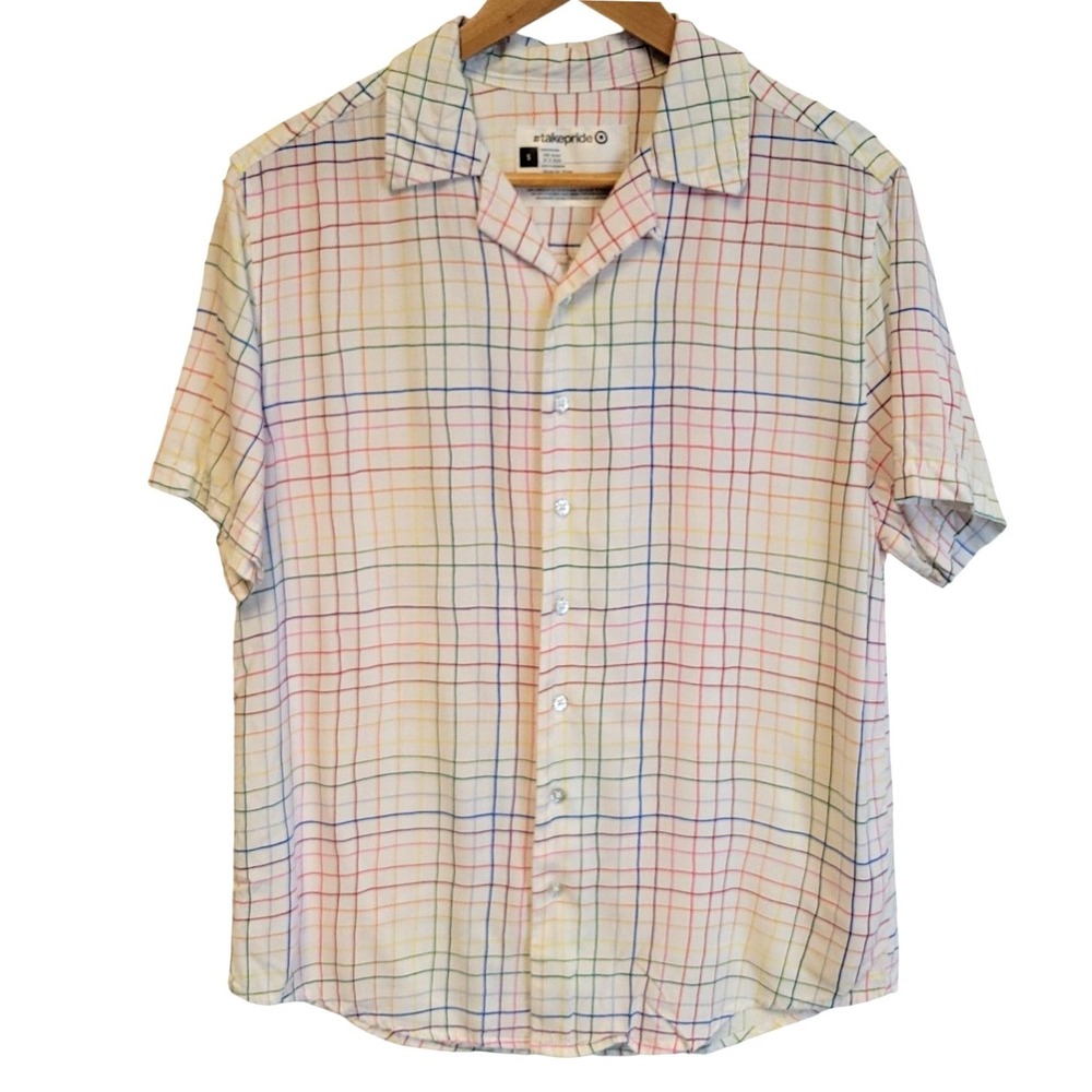 Rainbow Plaid Pride Top Glitter‎ Button Women's Collared Preppy Colorful Size S